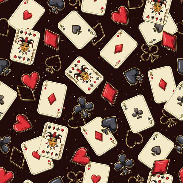 深色纹理背景上随机散落的 A 牌、鬼牌和扑克牌花色图标的无缝图案。赌博、赌场主题。复古风格图片下载