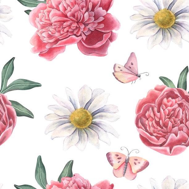 无缝花卉图案，包含牡丹、菊花、叶子和蝴蝶。手绘水彩插画，孤立在白色背景上，适用于纺织品、包装、文具、壁纸、品牌设计和婚礼装饰。图片下载