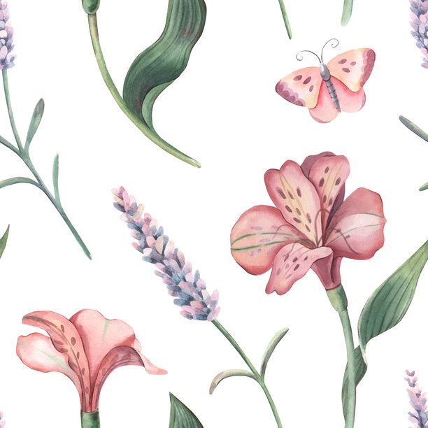 无缝图案， यामध्ये，薰衣草，蝴蝶。手绘水彩植物插画，孤立在白色背景上，适用于纺织品、包装、文具、壁纸、品牌设计、婚礼设计、装饰图片下载