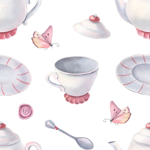 水彩茶杯、茶碟、勺子、茶壶、火漆印、蝴蝶的无缝图案。手绘插画，孤立在白色背景上，用于包装、纺织品、厨房用具品牌设计、派对请柬设计图片下载