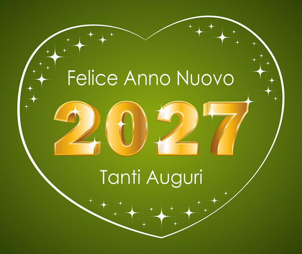 新年快乐。绿底爱心里有 3D 金色数字 2027 和星星。手绘插画。贺卡。意大利语。图片下载