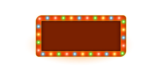 带有发光灯泡和复古霓虹风格的明亮复古招牌边框，背景为砖墙，非常适合用于宣传海报、娱乐横幅和怀旧插画设计图片下载