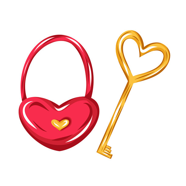 象征爱情、信任和浪漫的心形挂锁和金钥匙插画。可爱浪漫的矢量设计，适用于情人节、婚礼请柬、贺卡、贴纸和品牌推广。图片下载