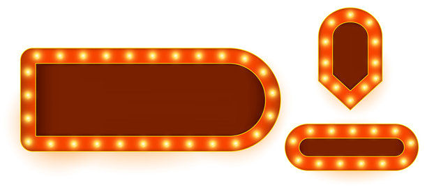 一套不同形状的复古灯泡边框，包括矩形、圆形和圆角标志形边框，配有发光灯泡和用于文字的空白灯箱空间，非常适合广告、演出推广和复古矢量标志设计。图片下载