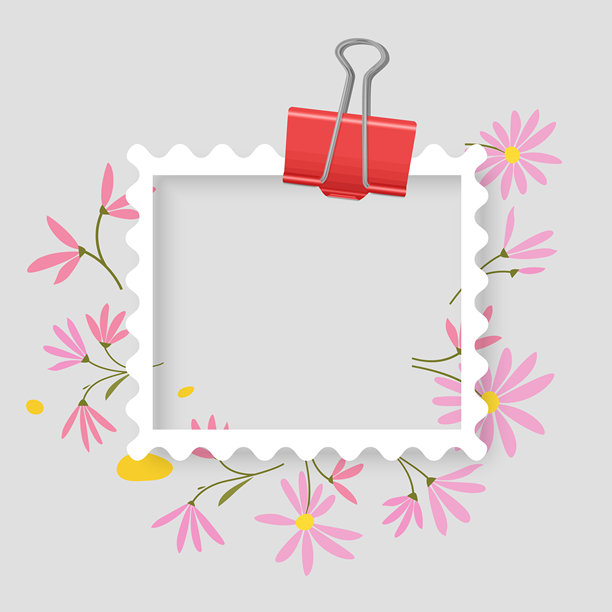 邮票造型相框模型，白色方形相框带有柔和内阴影，装饰着可爱的简笔画野花。非常适合剪贴簿、季节性贺卡、浪漫照片叠加和花卉主题社交媒体。图片下载