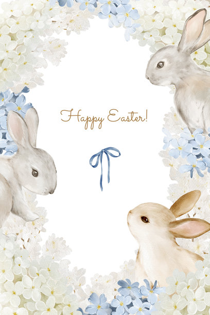 水彩复活节画框，饰有可爱的兔子、白色丁香和蓝色勿忘我，孤立插画，留有复制空间。非常适合贺卡、邀请函、节日海报和春季设计。图片下载