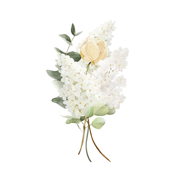 春季植物花束，包含白色丁香、郁金香和桉树枝。水彩插画。孤立的剪贴画。用于婚礼请柬、贺卡、海报、复活节装饰的自然花卉设计。图片下载