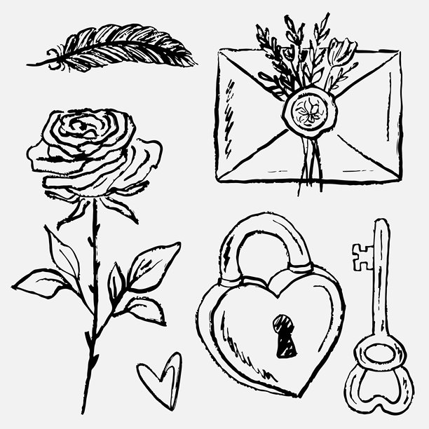 手绘心形挂锁配钥匙、玫瑰花和带有花卉装饰的信件。浪漫可爱的复古画作。复古蜡笔炭笔风格的矢量草图插画。图片下载