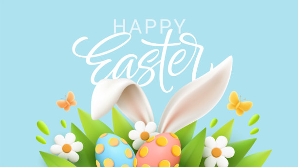 春日鲜花、雏菊花盛开，一只顽皮的兔子在绿草地上进行复活节彩蛋寻觅活动。3D渲染设计，非常适合用于节日贺卡和庆祝横幅。图片下载