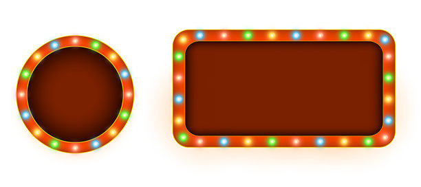 复古灯框合集，带有发光霓虹灯泡，有方形和椭圆形，复古发光边框，非常适合经典招牌、剧院展示、酒吧表演图形和怀旧数字素材插画图片下载