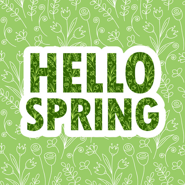 你好春天贴纸，带花朵装饰的贺卡，用于季节性促销的字母横幅，矢量插画图片下载