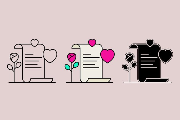 三种风格的情书。带有心形符号和玫瑰花的情书。情人节主题，矢量插画。图片下载