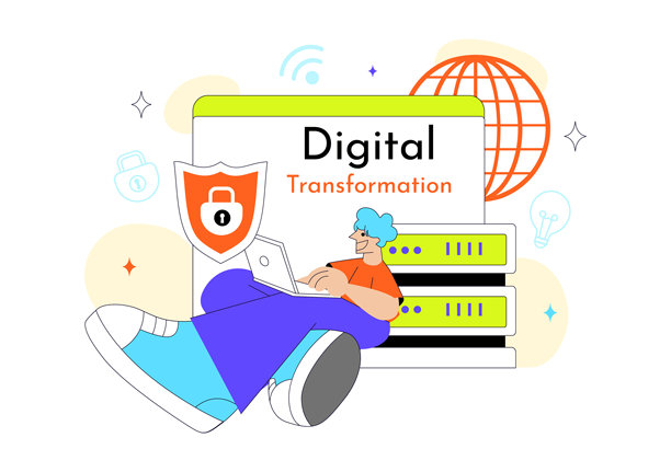 全球数字化转型矢量插画，包含现代科技创新、商业增长及未来互联，背景为扁平化设计图片下载