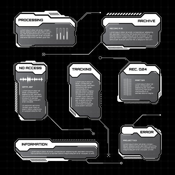 白色未来感HUD，UI元素。科幻用户界面文本框，标注。警告消息框，信息框模板。数字风格的现代游戏界面布局。矢量插画图片下载
