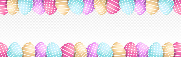 复活节彩色卡通扁平化3D彩蛋横幅。PNG透明背景。彩蛋框边框。四月春季节日，庆祝活动。装饰设计，印刷品，横幅。矢量插画。图片下载