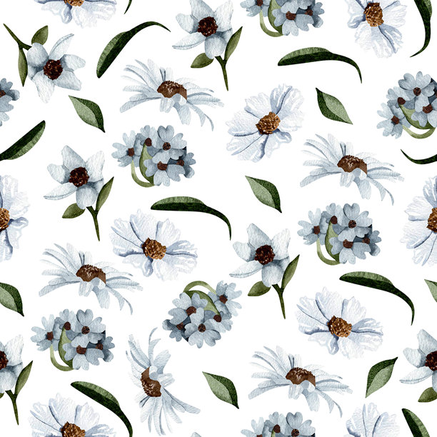水彩蓝野花与绿叶的无缝图案。复古风格植物插画。适用于纺织品、封面和背景。图片下载