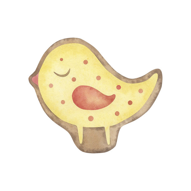 复活节饼干，呈黄色小鸡形状，带有粉色圆圈。插画采用水彩手绘春天姜饼风格。适用于包装设计、儿童派对、复活节贺卡。图片下载