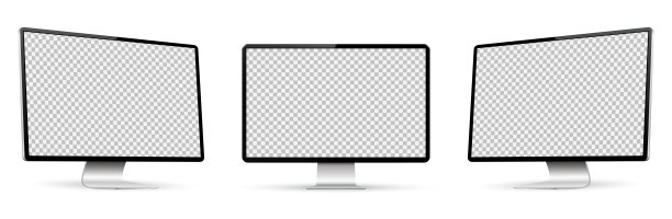 逼真的电脑屏幕模型。三面环绕的电脑显示器，屏幕空白，孤立在白色背景上。图片下载