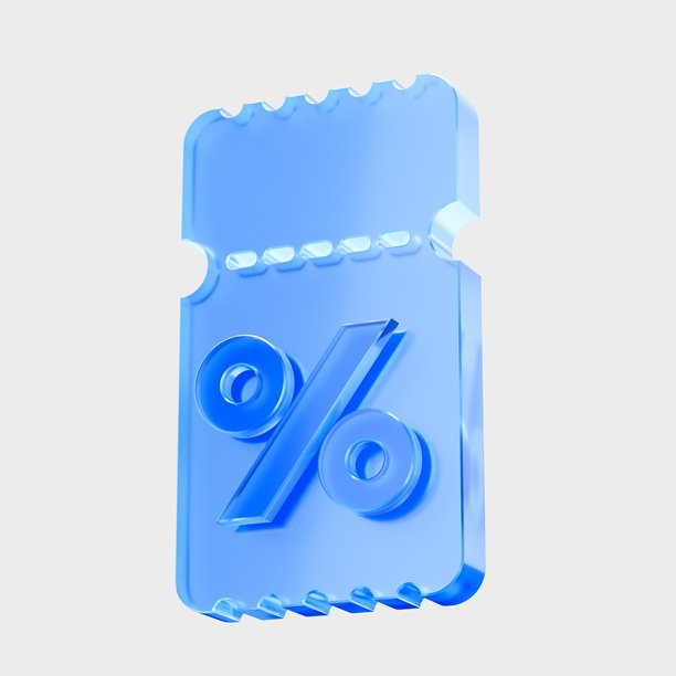 3D玻璃折扣图标、优惠券百分比促销符号。液体玻璃设计图标，适用于平面设计、UI、UX界面和3D插画的流行玻璃图标。图片下载