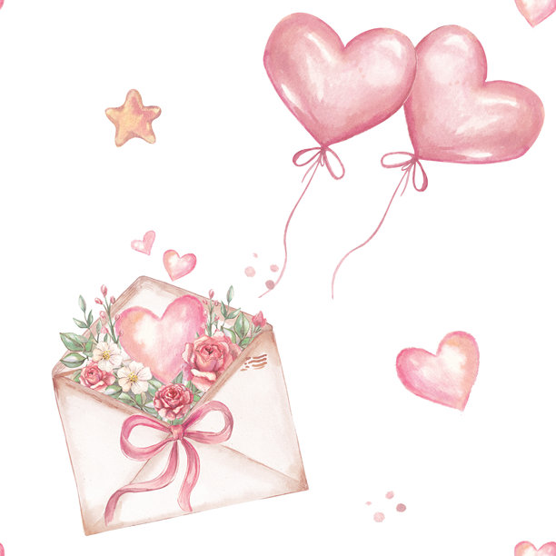 浪漫的水彩插画，信封里装满了鲜花和爱心。柔和的粉彩情人节设计，带有玫瑰、丝带和爱心符号，背景浅淡，非常适合贺卡和邀请函图片下载