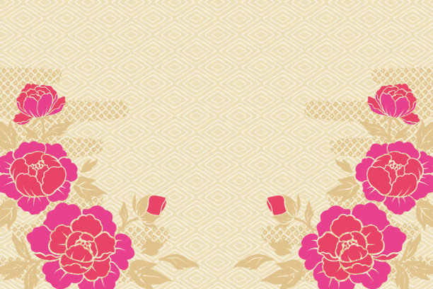 优雅牡丹花复古日式背景边框插画图片下载