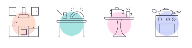 厨房内部和烹饪图标集。矢量扁平化插画，孤立在白色背景上图片下载