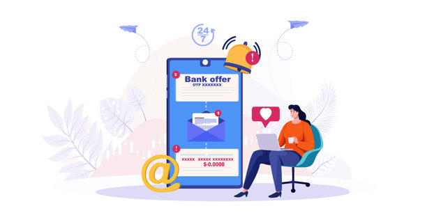 商务女性在笔记本电脑和手机上查看通知，警报通知概念，包含推送通知、网页提醒、日程更新和虚拟屏幕上的重要公告图片下载