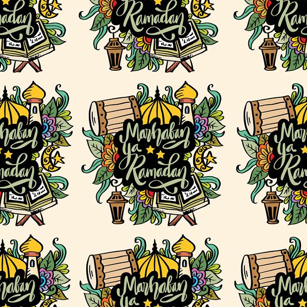 斋月吉祥的无缝手写字母图案，矢量插画图片下载