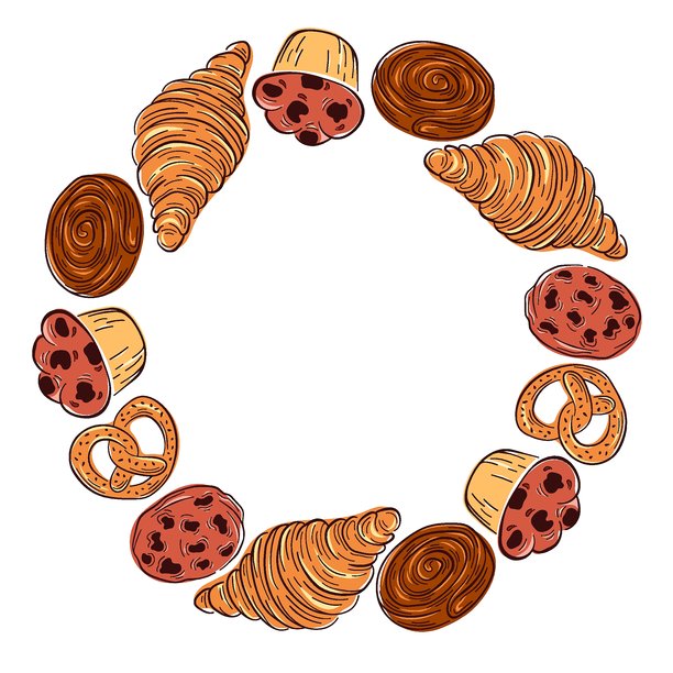 扁平风格的烘焙花环插画，糕点组成圆形画框。白色背景上的乡村食物边框，适用于菜单、海报、邀请函和品牌设计。图片下载