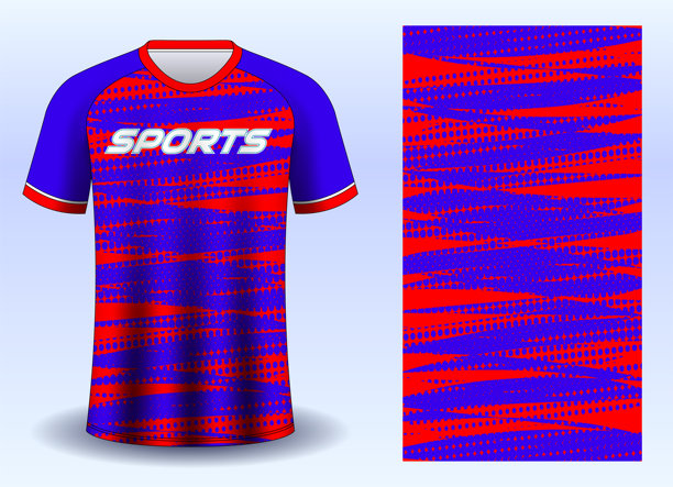 运动衫设计模板，带有抽象几何图案。升华足球T恤印花设计。具有半色调网点效果的现代运动服装图形。图片下载