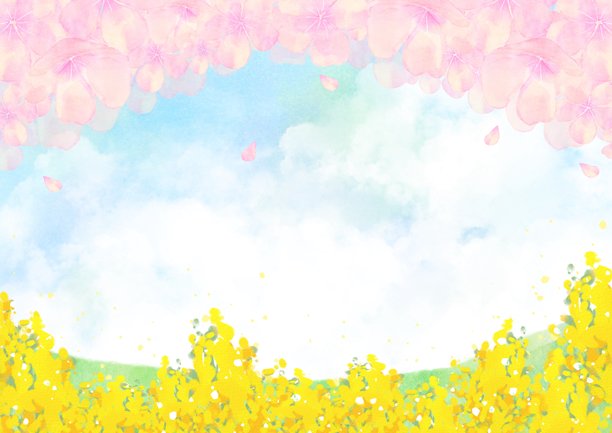 水彩风格的春季背景，带有日式风格的樱花、蓝天、草地和油菜花图片下载