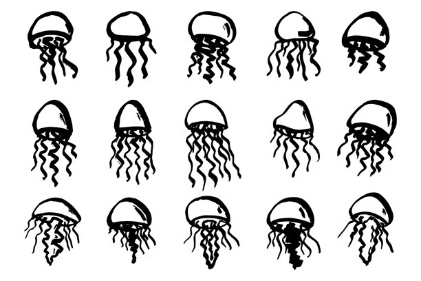 手绘水母涂鸦套装 海洋生物插画 可爱的海洋水下生物 冥府头目素描剪贴画 网页、设计、装饰、儿童印花的单元素图片下载