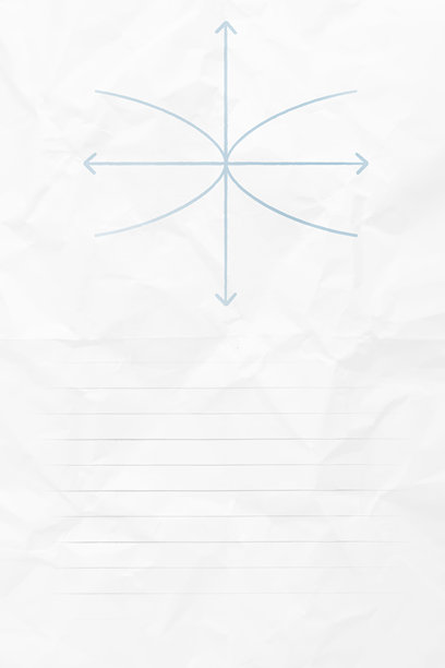 两条抛物线图象在白色皱巴巴的灰色条纹纸笔记本页面上互为镜像反射，带有坐标笛卡尔平面，留有复制空间图片下载