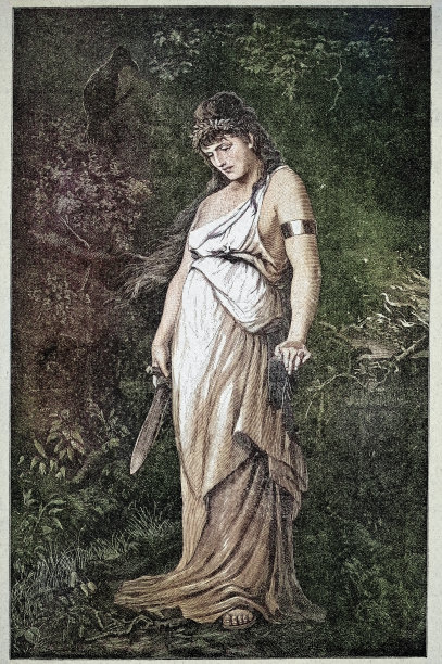 古日耳曼女祭司或女巫，一位据说能够预知未来并施展魔法的女性，复古插画图片下载