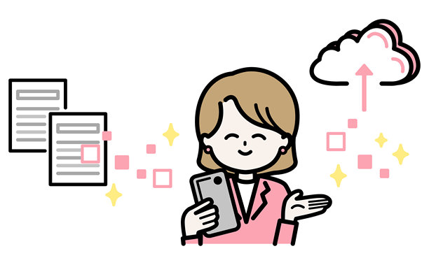 商务女性使用数码平板进行云数据迁移和无纸化办公。扁平线描插画。图片下载