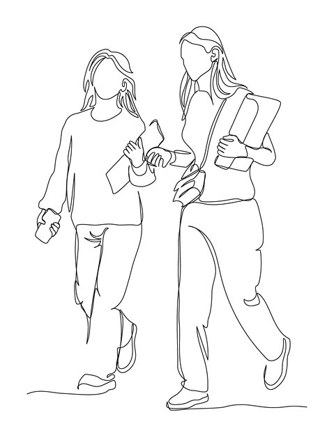 两位女性手持平板电脑和轻薄笔记本电脑行走。连续线条画。黑白矢量艺术插画。可编辑描边。图片下载