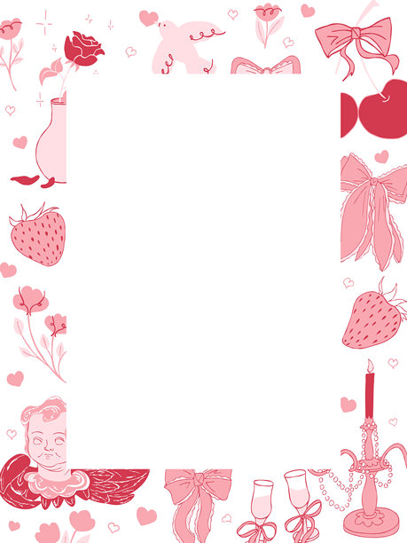 情人节竖版画框，带有浪漫涂鸦元素和留白。矢量手绘插画，包含心形、蝴蝶结、花朵，适用于贺卡、请柬、海报、婚礼设计。图片下载