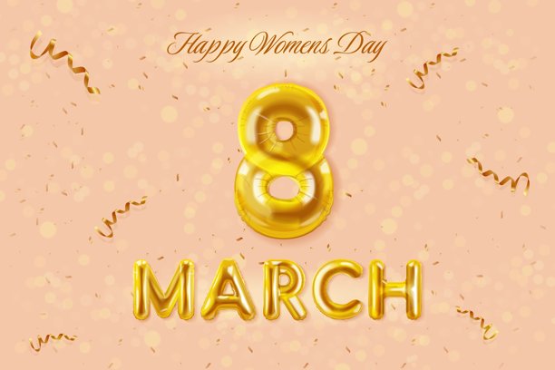 3月8日横幅。3D气球数字八，逼真的气球金色字母国际妇女节，八号金色丝带纸屑贺卡背景设计矢量插画图片下载