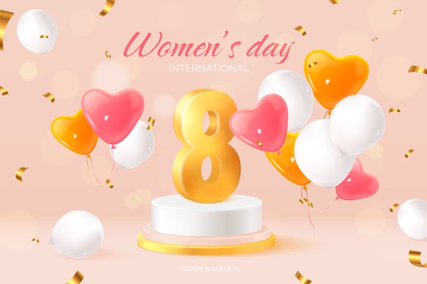 国际妇女节气球。3月8日国际妇女节横幅，逼真的数字8气球，春季派对庆祝3D装饰贺卡背景，精确矢量插画图片下载