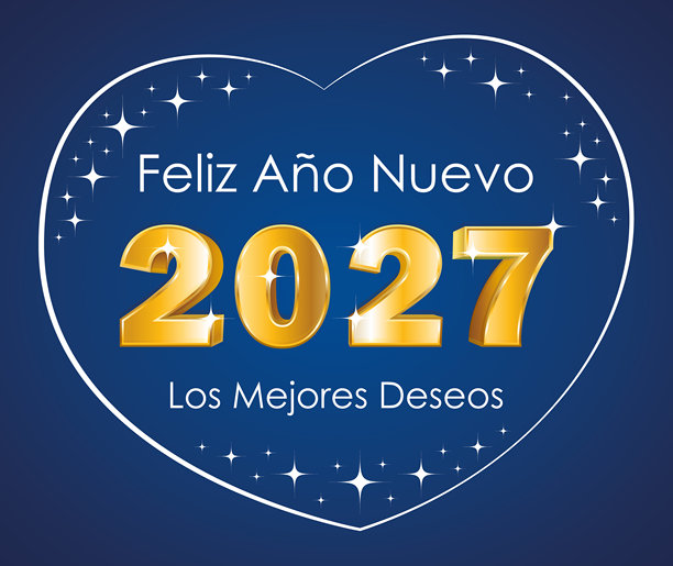 新年快乐。蓝色背景上带有星星的心形3D金色数字2027。手绘矢量插画。贺卡。西班牙语。图片下载