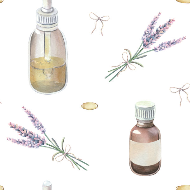 薰衣草、精油玻璃瓶、滴管的无缝图案，药草的水彩插画，孤立在白色背景上，手绘用于包装、纺织品、医疗、化妆品品牌印刷图片下载