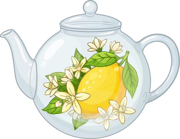 透明玻璃茶壶，内有柠檬、柠檬花和绿叶。风格清新明快，矢量插画。图片下载