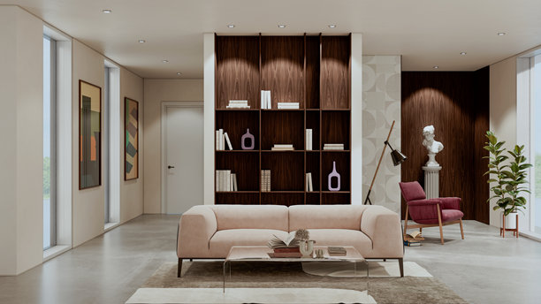 宽敞豪华的现代明亮室内客厅样板图插画 3D渲染图图片下载