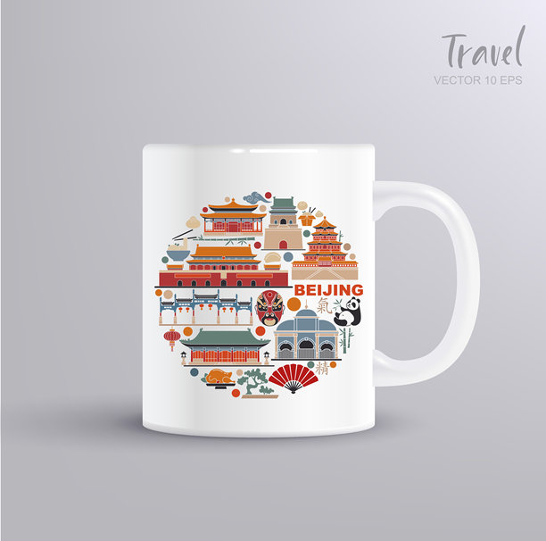 北京地标矢量插画在白色马克杯模型上图片下载