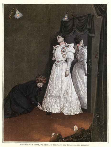 历史歌剧，法国女演员马德莫瓦塞尔·切尔尼，服装师试装，复古插画，19世纪 1890年代图片下载