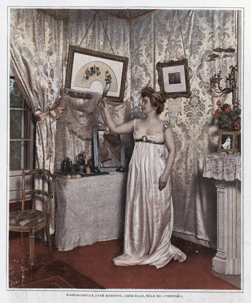 戏剧史，法国女演员简·哈丁在她的化妆间，身着弗琳娜角色的戏服，法国，复古插画，19世纪，1890年代图片下载