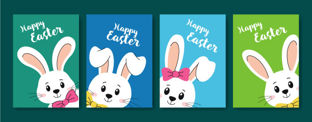 一套可爱的儿童复活节卡片，带有兔子脸。适合儿童的卡通春季海报，带有兔子。矢量复活节插画。图片下载