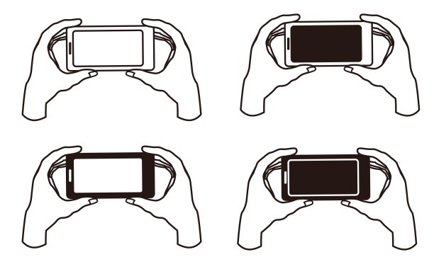 四幅手持智能手机横屏的插画集——观看视频、玩游戏、拍照和录像图片下载