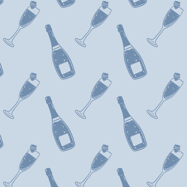 香槟酒瓶和酒杯的无缝平铺图案，用于派对设计、包装、包装纸和节日品牌宣传的庆祝酒背景。图片下载