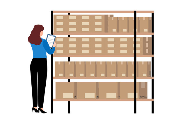 仓库工作人员在堆满货箱的货架上检查库存的插画，代表仓储管理、库存控制和物流运作。图片下载
